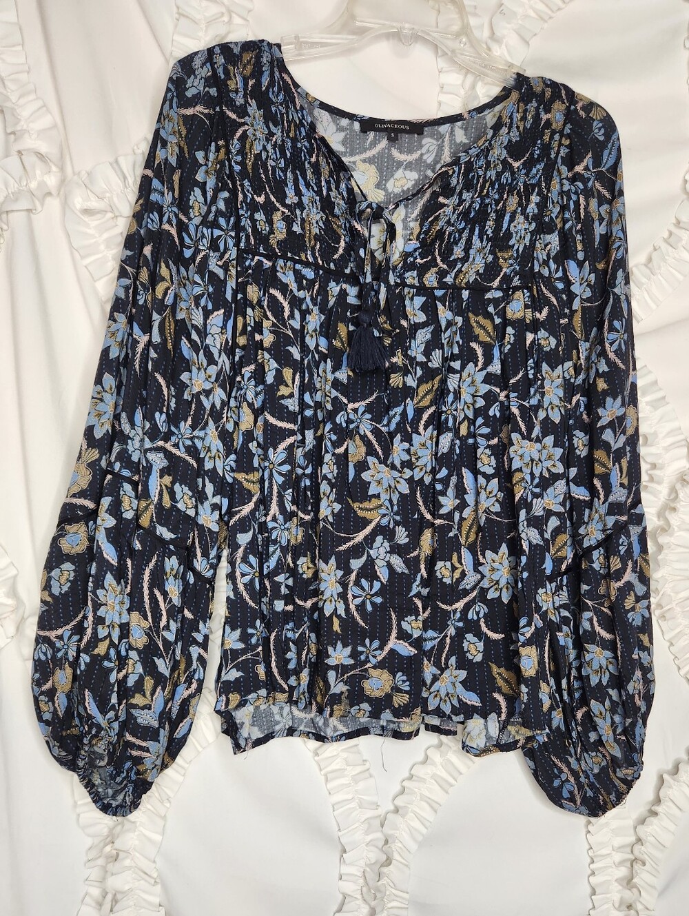 Olivaceous Blue Floral Peasant Blouse Balloon Tassel Top Sz Small